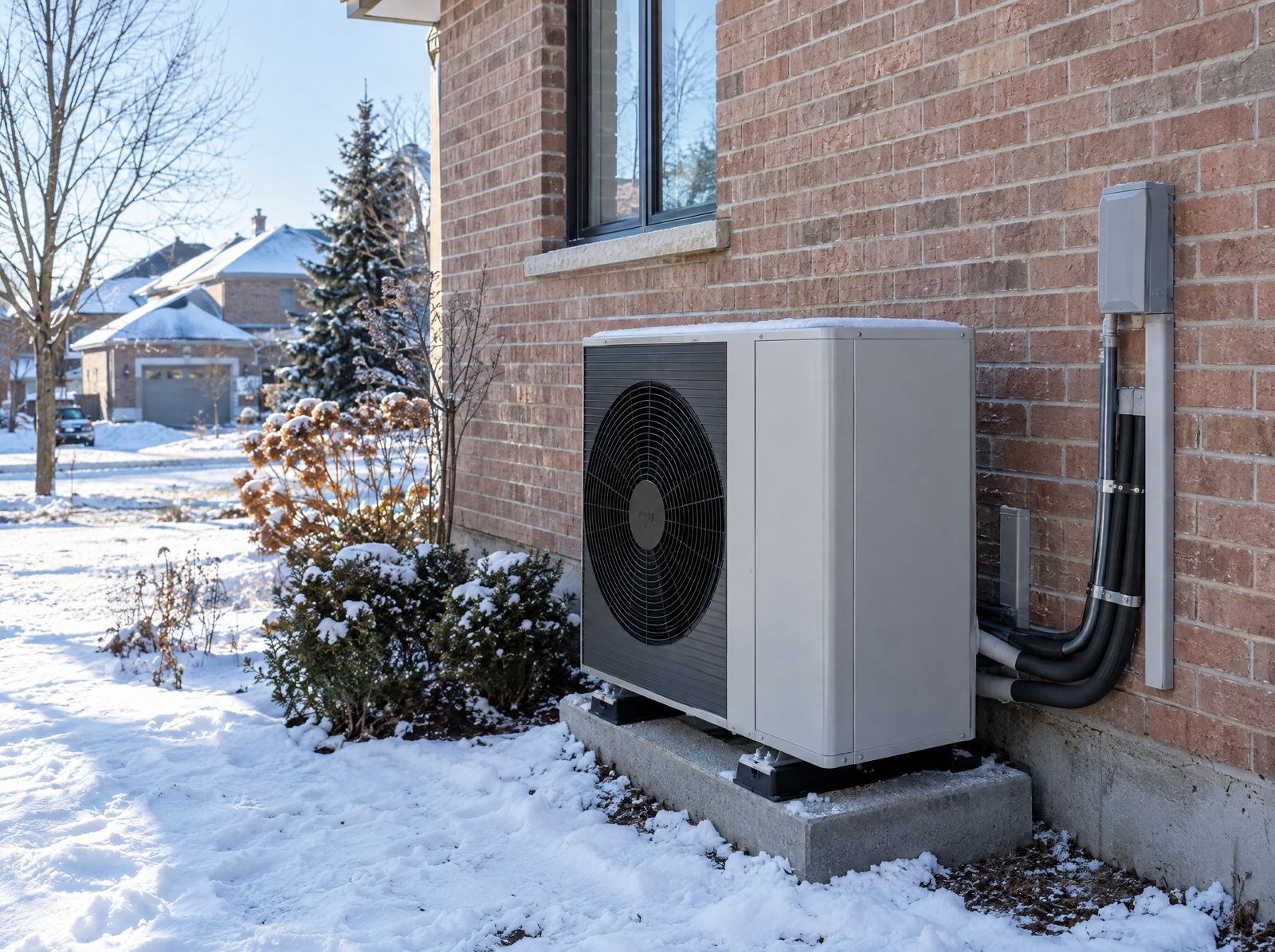 A heat pump outside a brick house in winter
