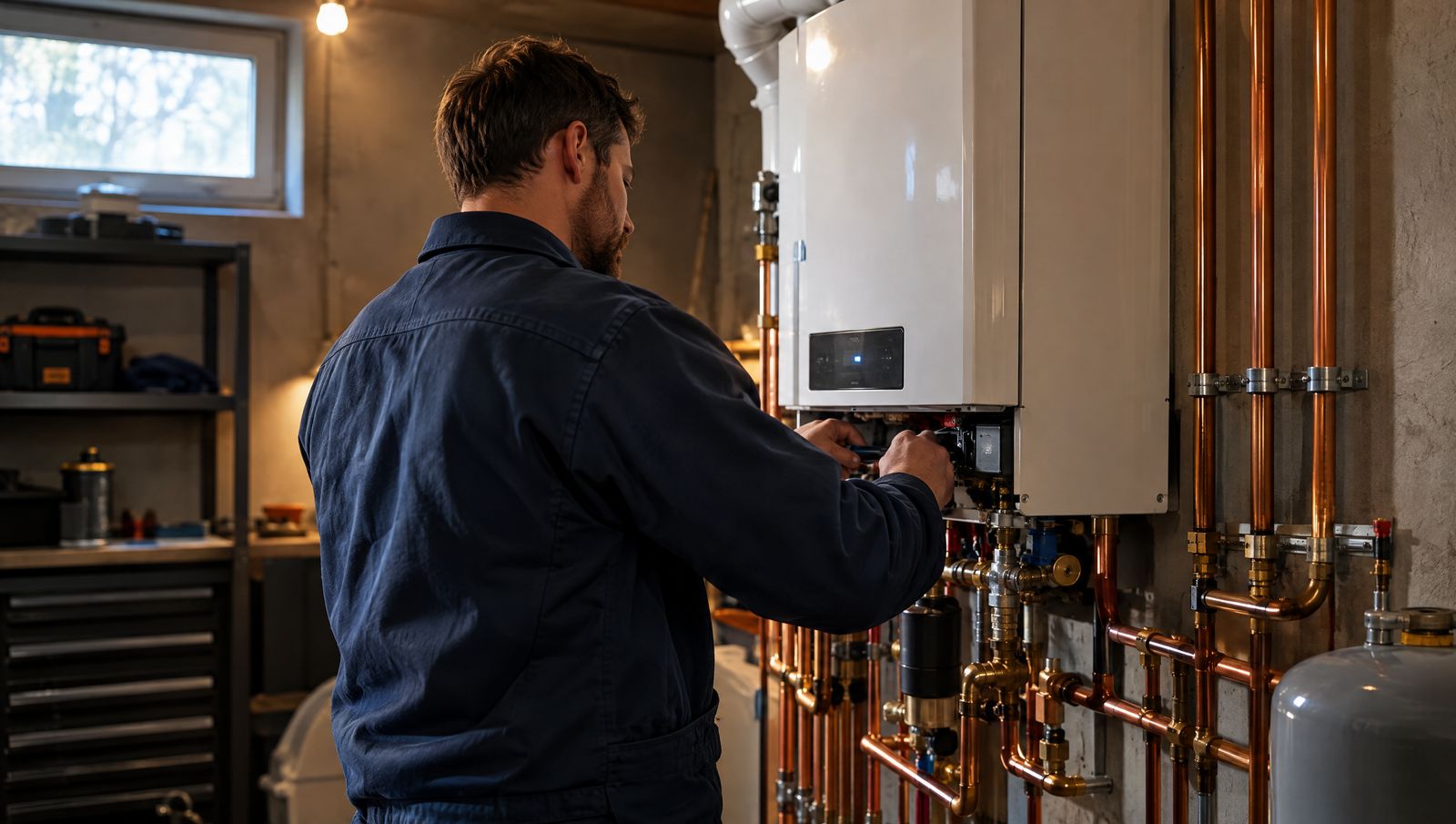 A technician servicing a modern boiler