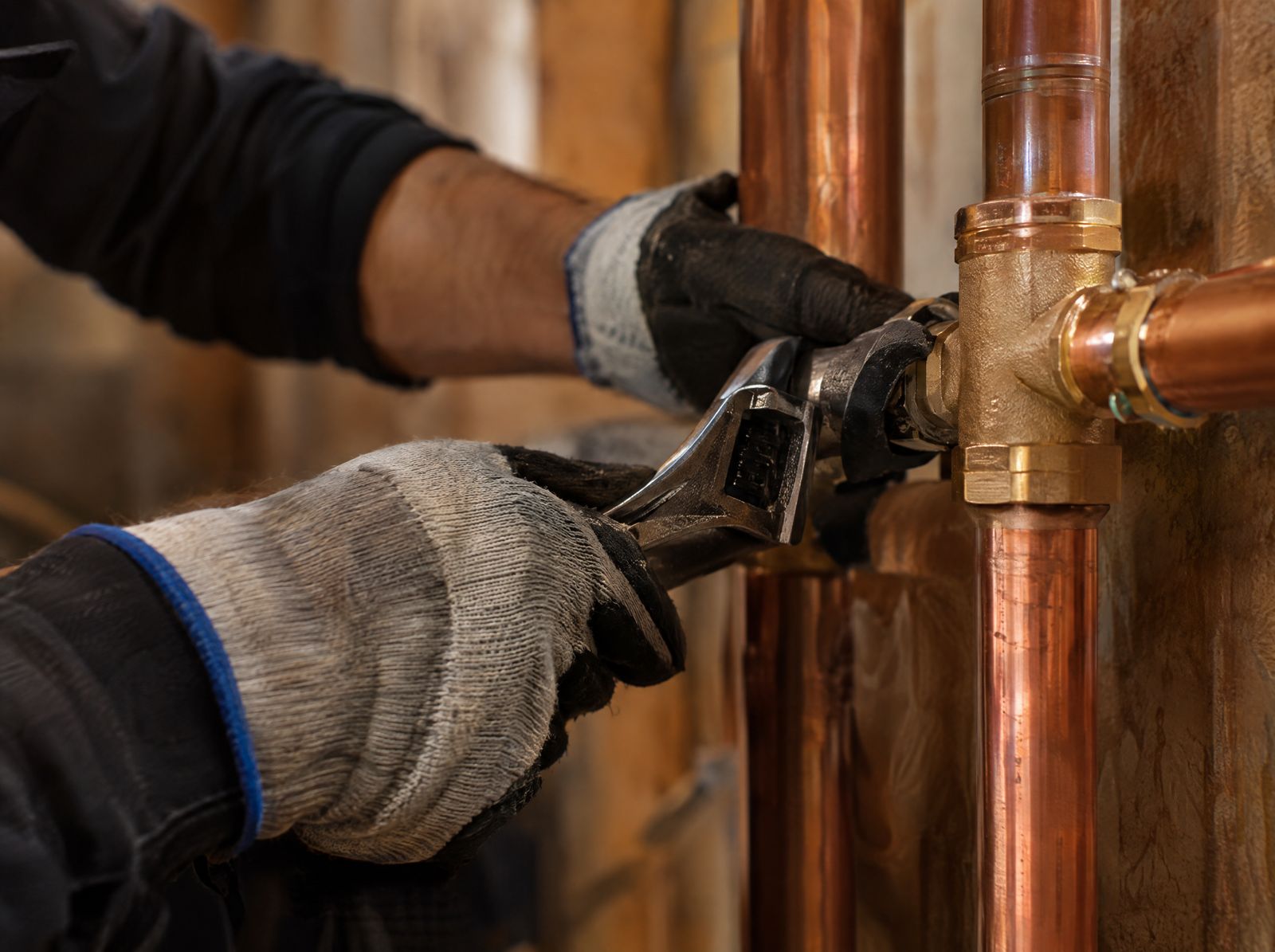 Hands fitting copper pipes